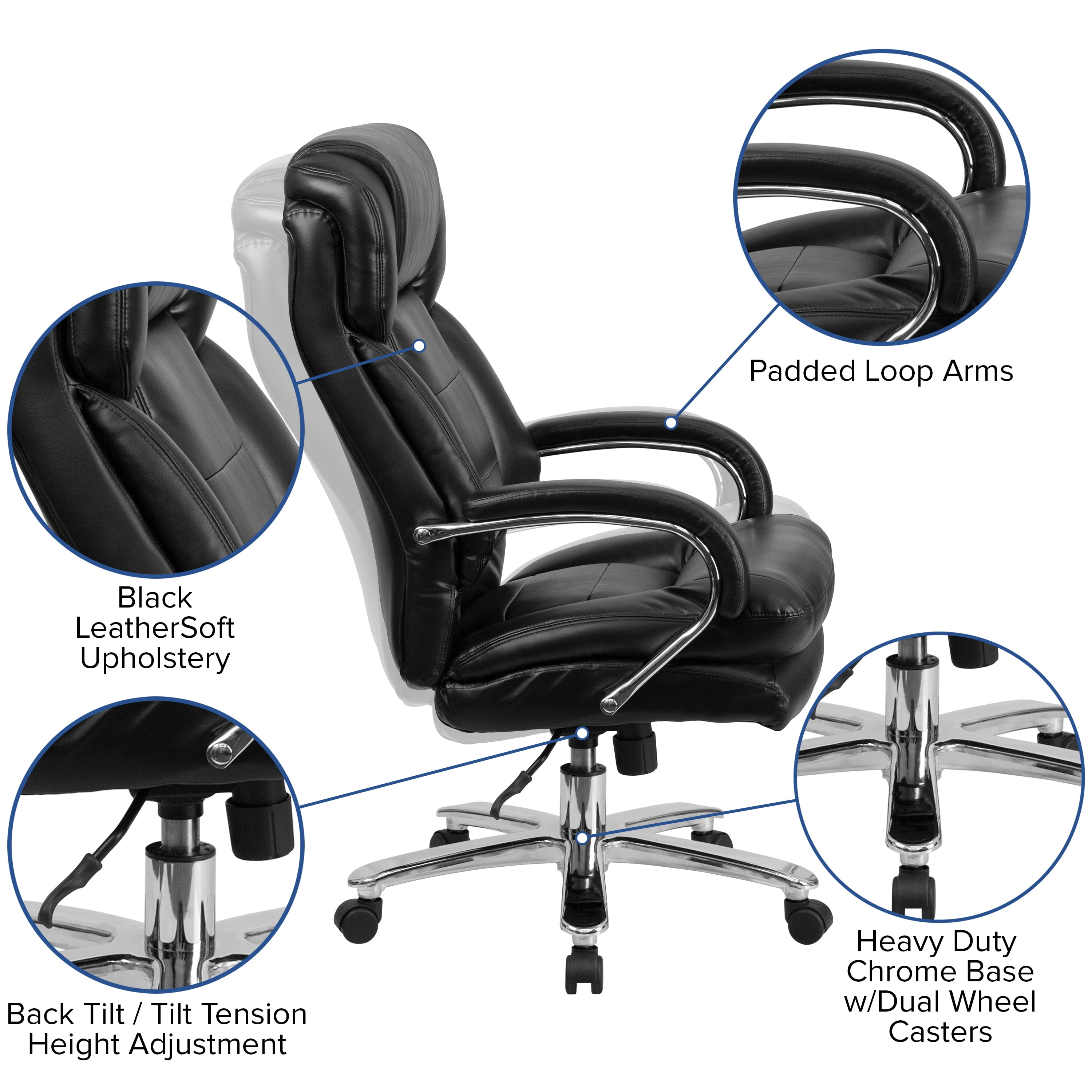 Emma + Oliver 24/7 500 lb. Big & Tall Black LeatherSoft Ergonomic Office Chair with Loop Arms