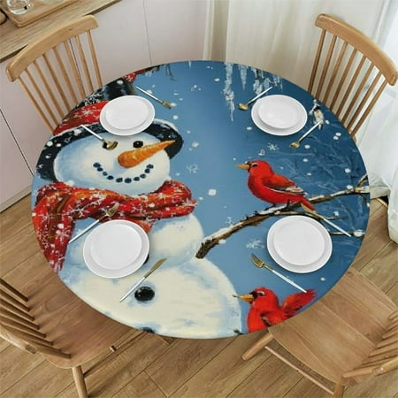 

HYKY Snowman Winter Tree Round Tablecloth 100% Polyester Fiber Great for Home Kitchen Parties Holiday Dinner Christmas Waterproof 54 -58