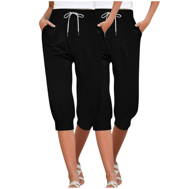Timegard 2pc Capri Pants for Women Elastic High Waisted Drawstring Comfy Casual Crop Pants with Pockets