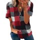 thumbnail image 1 of Blusa de manga corta Top con estampado de cuadros y media cremallera Blusa holgada de manga corta para dama Rojo S, 1 of 5