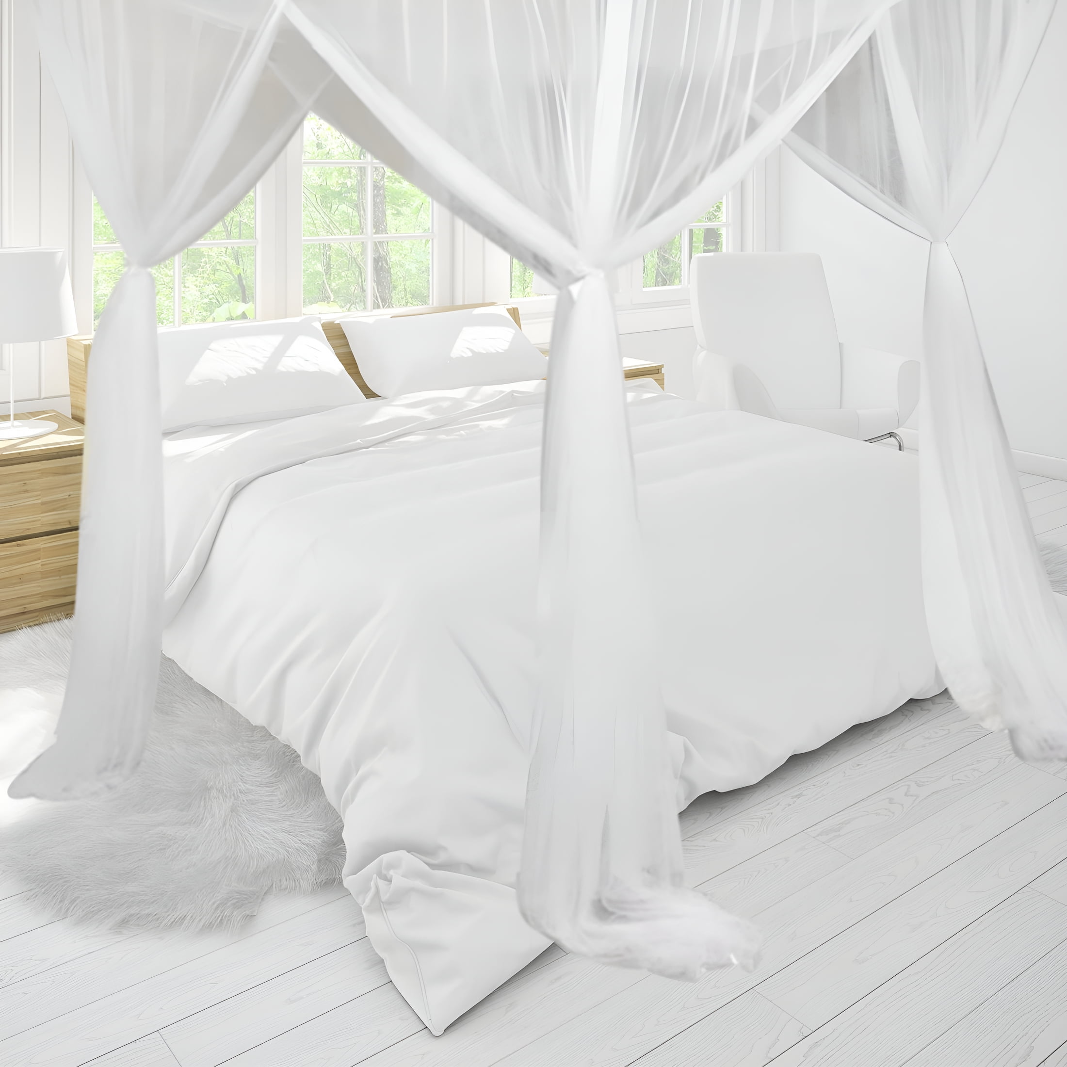 AUQ 2026 New 4 Corner Post Canopy Bed Curtain Bed Drape Hanging Bed Valance Netting for Women White for Bedroom, Bed Decor, Relaxation, Sleep, Romantic Setting.