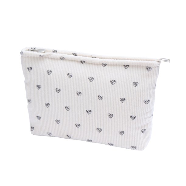 Bolsa de maquillaje de pana con estampado de corazón, bolsa de cosméticos portátil con cremallera, bolsa de maquillaje, organizador de artículos de tocador para mujeres y niñas.