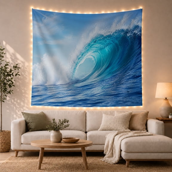 Turquoise Barrel Wave Under Blue Sky, Dramatic Coastal Style for Ocean Lovers, Surf Wall Decor, Housewarming Gift, Tapestry Wall Hanging for Bedroom and Living Room