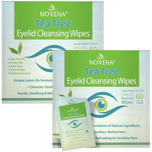 NOVEHA 120 Pcs Tea Tree Oil Eyelid Wipes | Blepharitis, Itchy & Stye Eyes with Hyaluronic Acid, Green Tea & Chamomile, Natural Eye Makeup Remover & Daily Cleanser | Individually Wrapped (2 Pack)