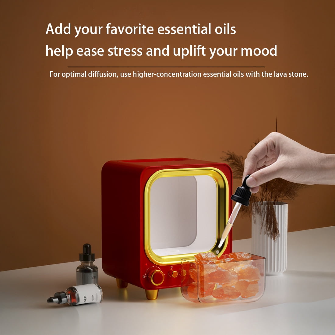 Aromatherapy Diffuser Humidifier with Bluetooth Speaker, Retro TV Style Essential Oil Diffuser with Ultrasonic Mist, Flame Effect Night Light, Quiet Desktop Diffuser for Bedroom, Office