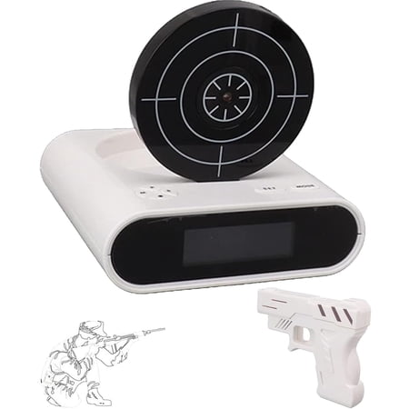 Target Alarm Clock Shot with Gun, Creative Interactive Shooting Alarm Clock for Heavy Sleepers, LED Display, 2 Wake Modes, Custom Ringtones for Bedroom Home Office Gift (White)