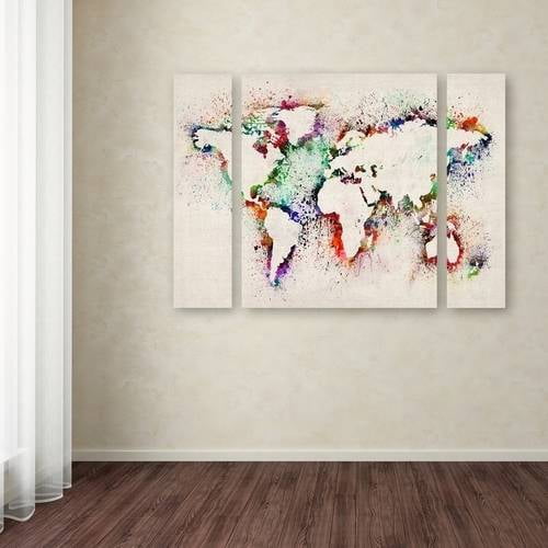 Trademark Fine Art "World Map Paint Splashes" Canvas Art by Michael Tompsett Three Panel Set