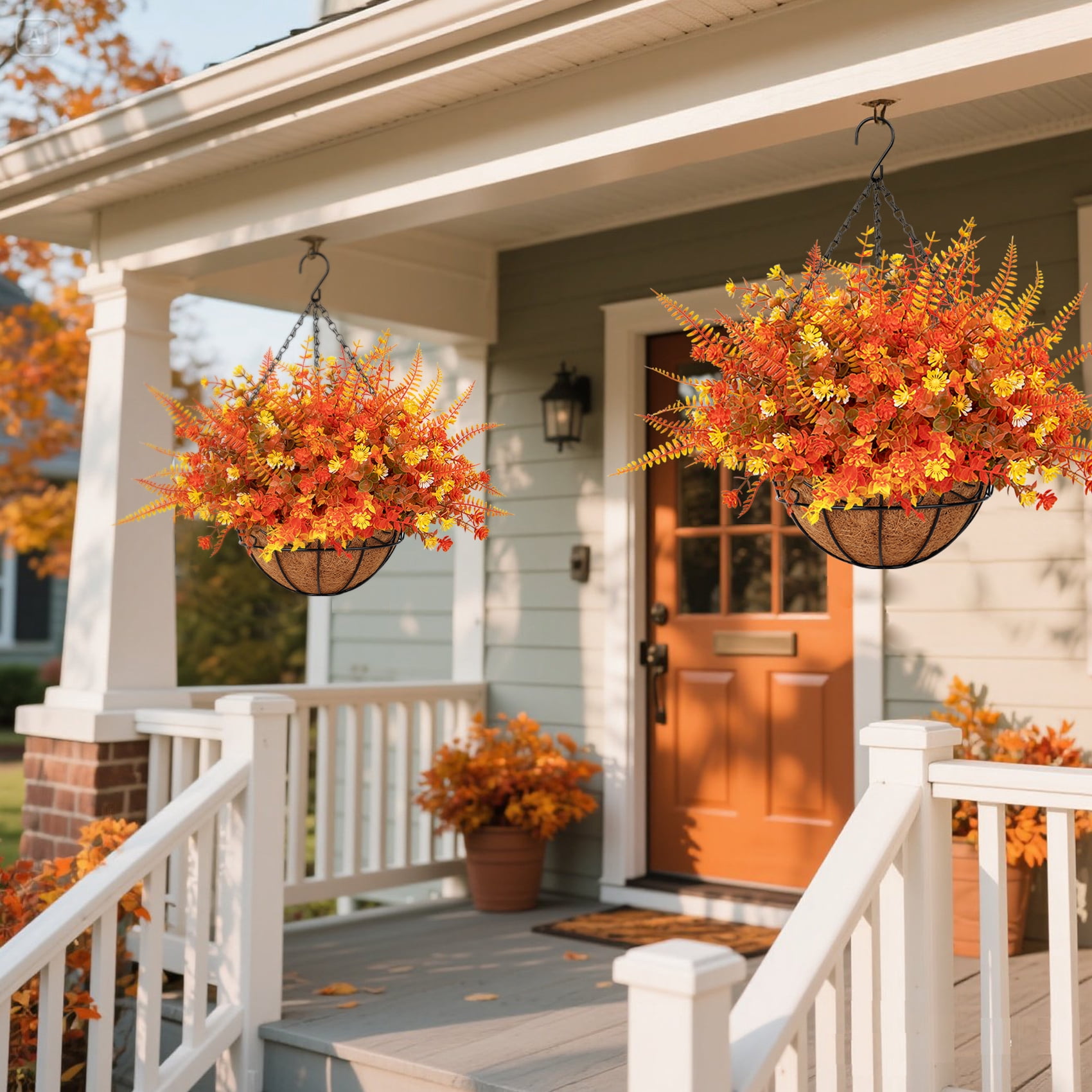 Scidweet Artificial Fall Hanging Flowers Outdoor, 12 Pcs Autumn Fake Flowers Faux Plants with Coconut Lining Basket Fall Decoration for Home Patio Garden Decor, Mixcolor