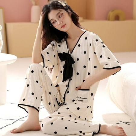 

PIKADINGNIS New Summer Autumn Womens Full Cotton Short Sleeve Pajamas Set Loose Leisure Adult Women Sleepwear Set Long Pant Party Pajamas
