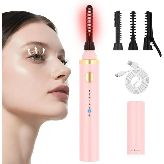 10s Fast Heating Eyelash Curler, Natural Curling, 3 Temperature Settings, Rechargeable Electric Lash Curler for Women with 3 Brush Heads, Pink