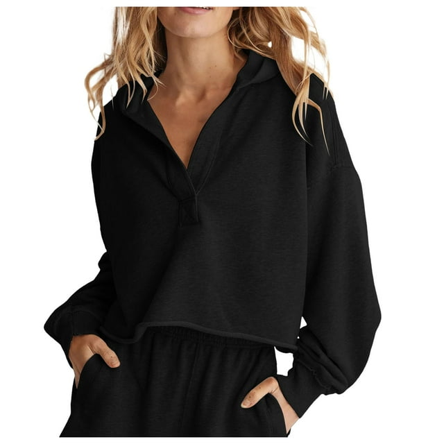 Aocisk Mode Ample à Capuche Femmes Printemps Automne Blouse Col en V Manches Longues Style Chemise Haut Noir TG