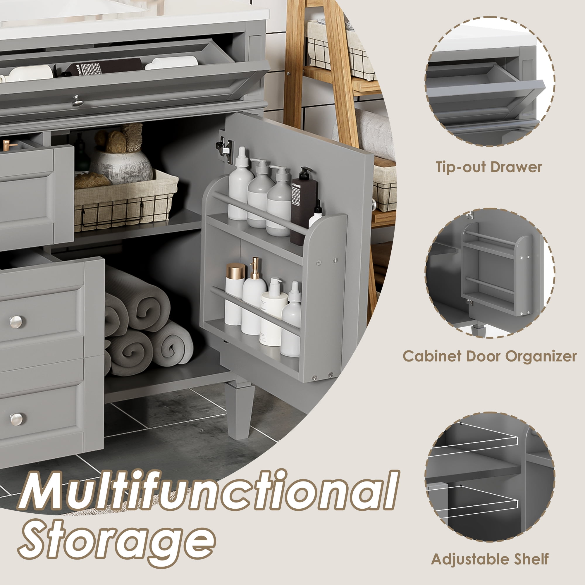 EUROCO 36'' Bathroom Vanity with Sink, Modern Bathroom Storage Cabinet with 2 Drawers and a Tip-out Drawer, Freestanding Bathroom Dresser, Gray