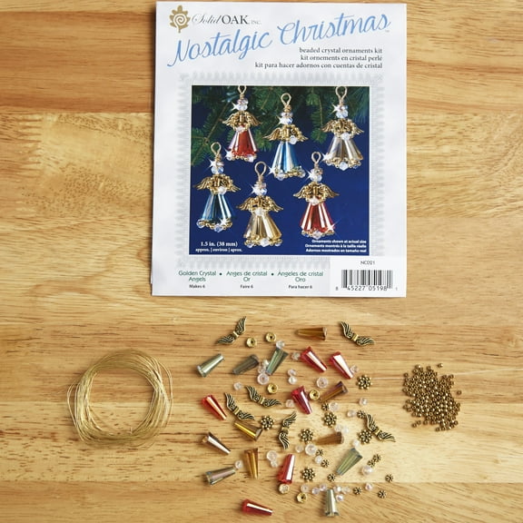Solid Oak Nostalgic Christmas Beaded Crystal Ornament Kit-Crystal Angels Gold Makes 6