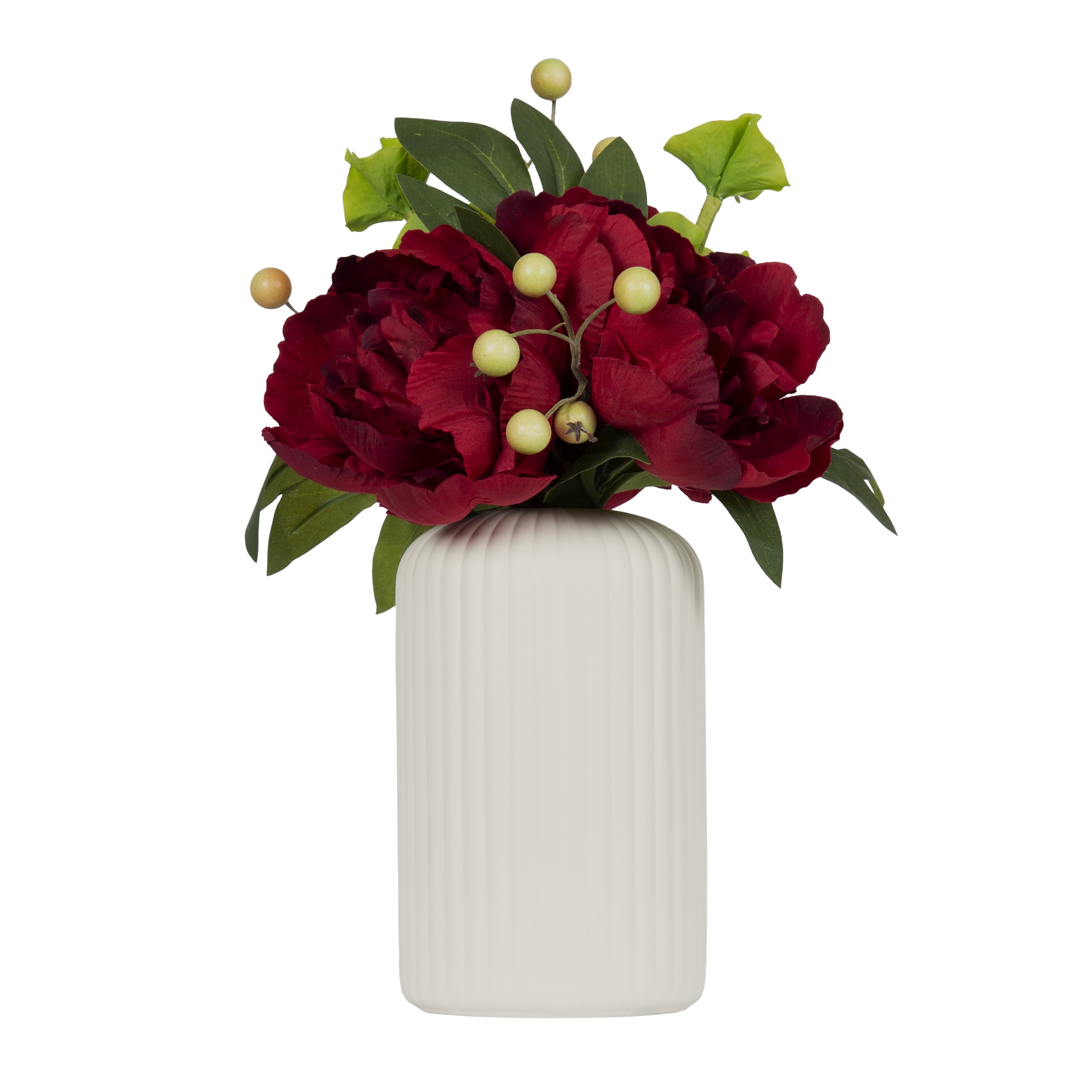 Better Homes & Gardens 12.75" Artificial Red Peony Flowers in Ribbed off-White Ceramic Vase