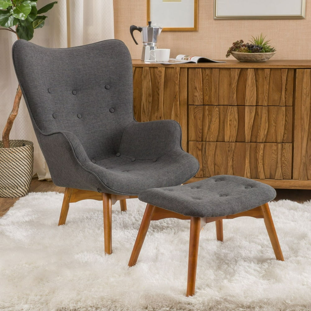 Noble House Hannah MidCentury Modern Wingback Fabric Chair and Ottoman Set, Muted Dark Gray and