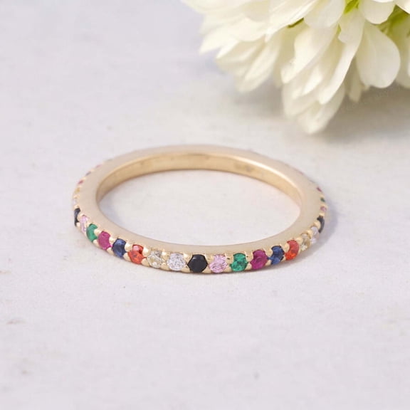 Multi Gemstone Band 925 Sterling Silver Wedding Band Dianty Promise Ring Gift for Her Full Eternity Proposal Band