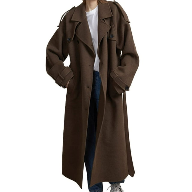 Abrigo de Invierno de Lana Cruzado para Mujer, Larga, Solapa, Midi, Tipo Gabardina, con Cinturón Marrón Oscuro M