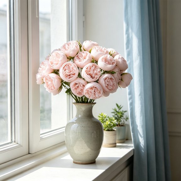 Miwamany 27 Heads Artificial Peony Bouquet with Natural Raffia Wrap, Lifelike Faux Silk Flower Arrangement,Realistic Floral Decor for Living Room Table Wedding Farmhouse Display