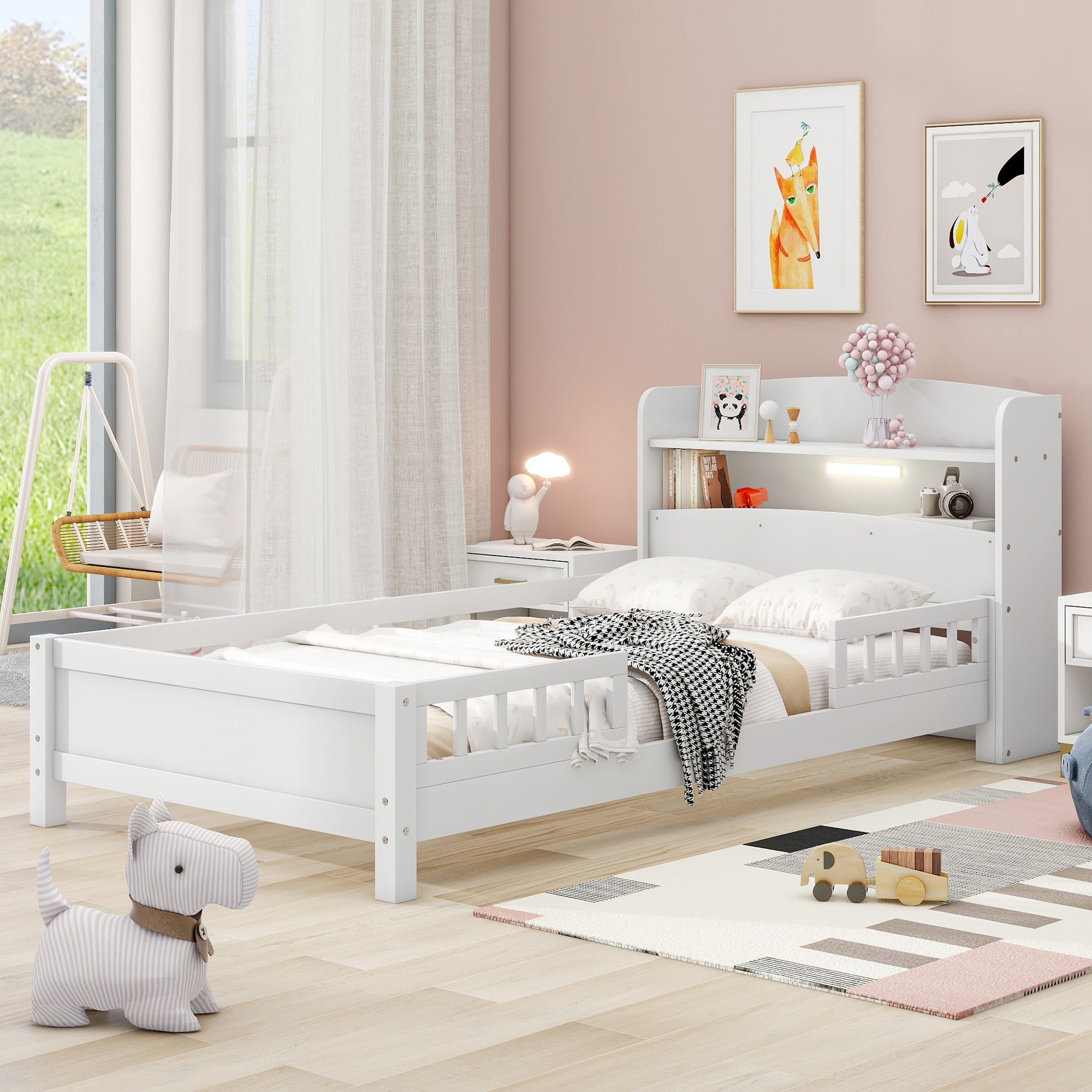 Harper & Bright Designs Kids Twin Size Bed with Storage Headboard and Built-in LED Light, Wood Twin Platform Bed Frame with Guardrail for Girls Boys, Antique Gray