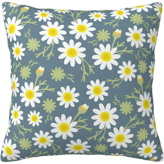 White Blooming Daisy Green Flower Stems Pillowcases Floral Seamless Art Pattern Pillow Case Decorative Throw Pillow Cover for Home Sofa Office 18x18inch