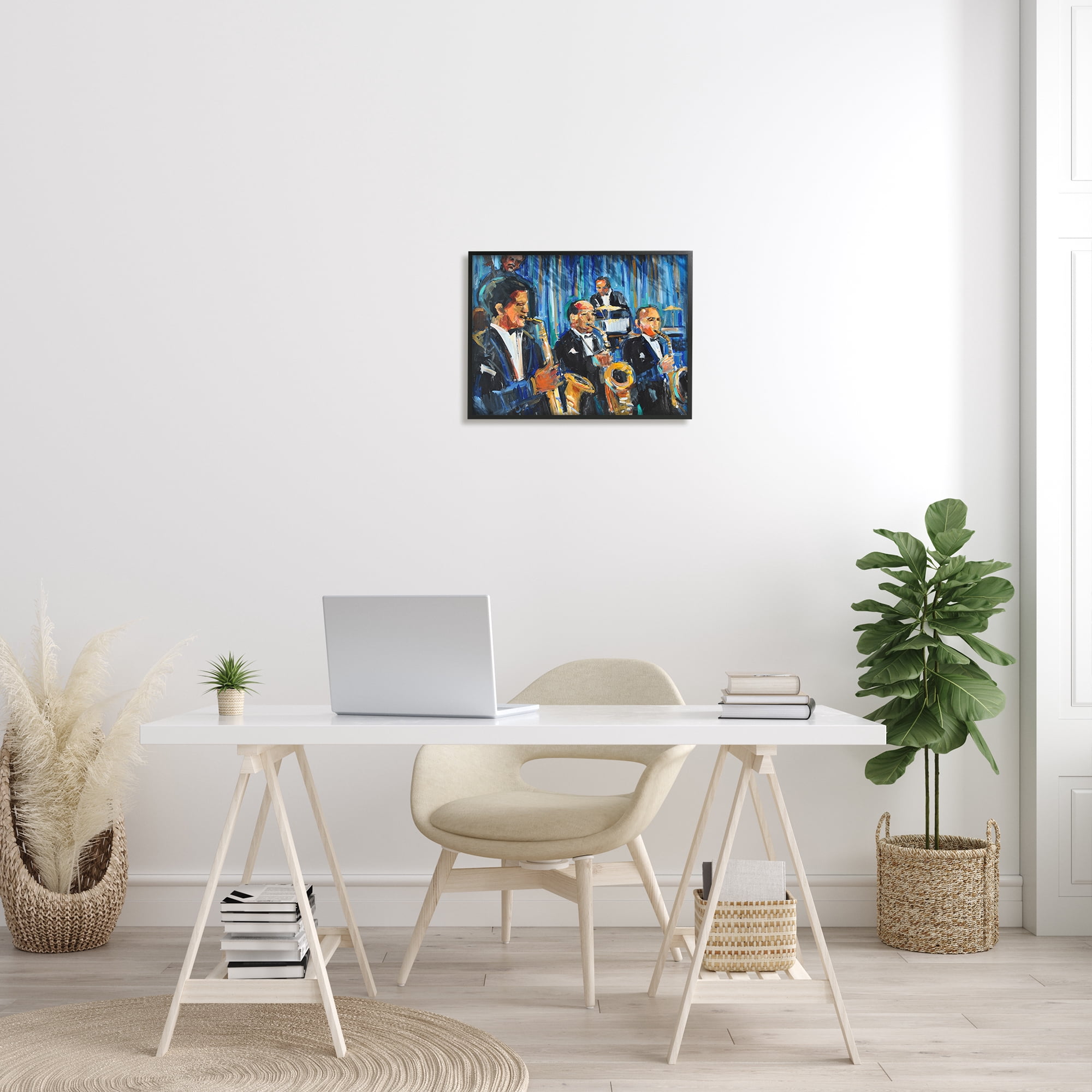 Stupell Industries Contemporary Saxophone Jazz Ensemble Expressive Musicians Beauty & Fashion Painting Black Framed Art Print Wall Art, 16 x 20