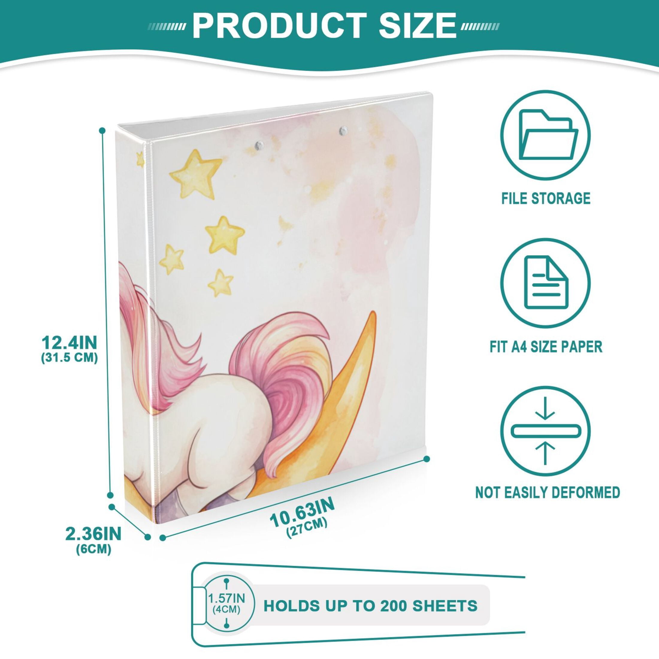 Unicorn Sleep Moon 3 Ring Binders 1.5 inch Hardcover File Folders with Interior Pockets A4 Size Organizer for School Office Hospital