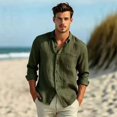 thumbnail image 5 of Mens Linen Shirt Long Sleeve Button Down Casual Loose Fit Breathable Summer Top Solid Color Lightweight Beach Vacation Wear for Men Army Green S, 5 of 7