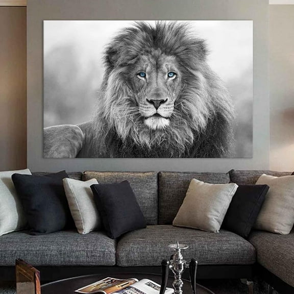 Aaheei Lion Canvas Wall Art - Black and White Poster Prints of Wild Animal - Abstract Painting With Blue Eyes