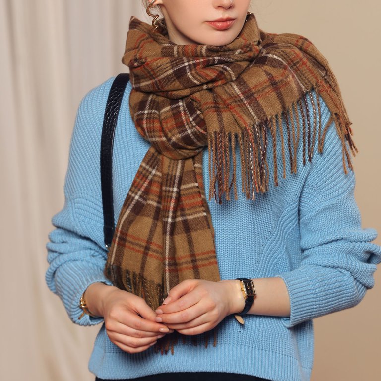 1pc Classic Fashionable Women's Brown Plaid Tassel Scarf With Two