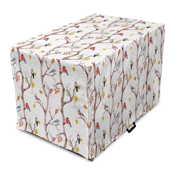 Autumn Dog Crate Cover, Watercolor Birds on a Tree with Yellow Leaves During Fall Season, Easy to Use Pet Kennel Cover Small Dogs Puppies Kittens, 7 Sizes, Dark Peach and Multicolor, by Ambesonne