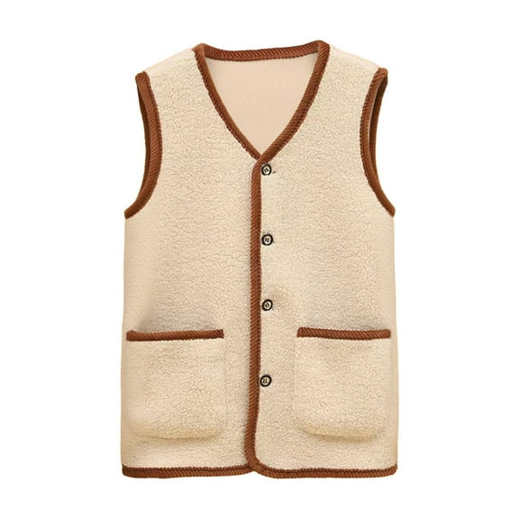 Htigea Womens Fleece Vest Fall Winter Warm Lightweight Gilet Collarless Button Down Sleeveless Jacket with Pockets Beige XXXL