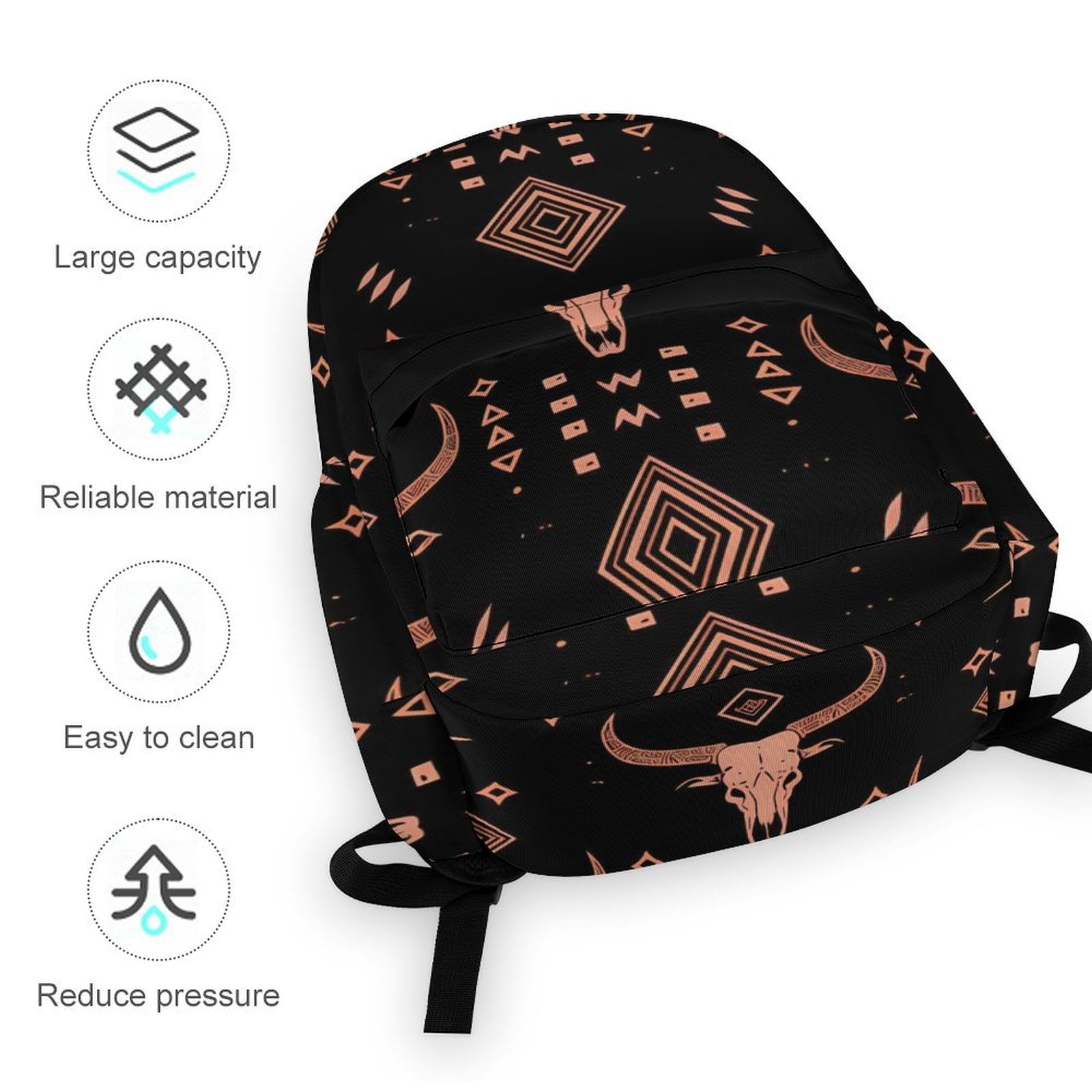 Large Capacity Half Print Backpack 11.8×16.5×5.9in Multifunctional Zipper Design Convenient Switch Bohemian Cow Skull