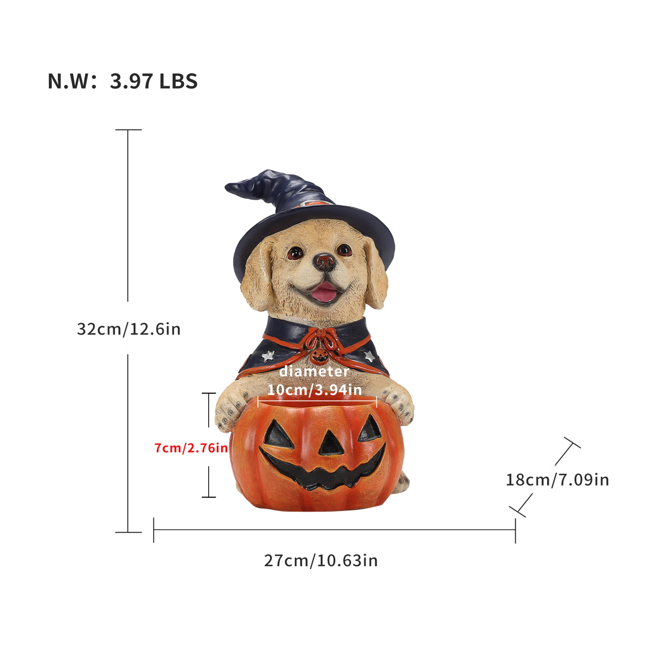 Noble House Halloween Labrador Retriever Witch Puppy Figurine with Pumpkin Candy Bowl, Decorative Statue, Brown