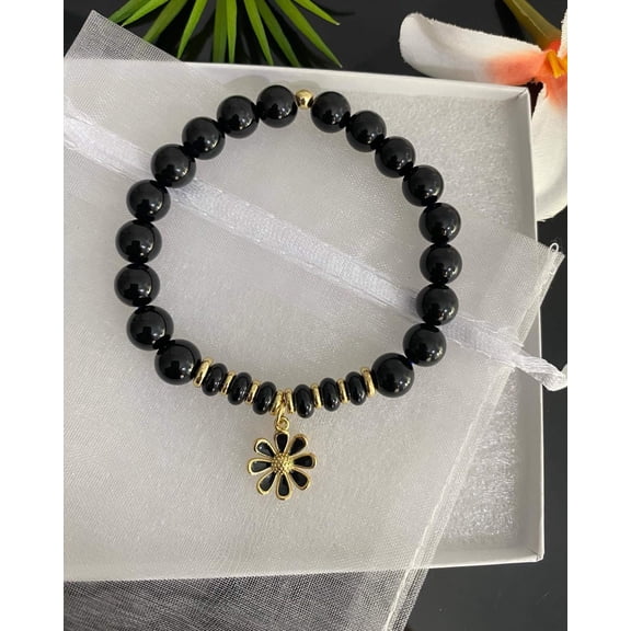 Black Onyx  18k Gold Filled Daisy Flower Beaded Bracelet