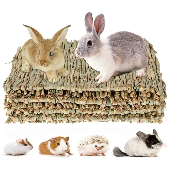 3 Pcs LNGOOR Rabbit Grass Mat - Woven Bed Mat, Bunny Bedding for Small Animals, Natural Straw Woven Bed for Pet Nesting, Nature Hay Mat Chewing Play Toy for Guinea Pig, Hamster, Squirrel and More
