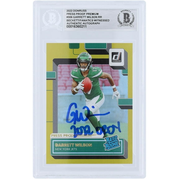 Garrett Wilson New York Jets Autographed 2022 Panini Donruss Rated Rookie Press Proof Premium #306 Beckett Fanatics Witnessed Authenticated Rookie Card with "2022 OROY" Inscription - Fanatics