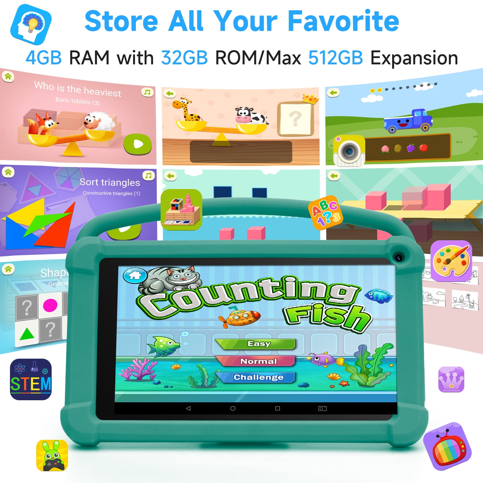 7 inch Kids Tablet, Android 12 Tablet for Kids, 4GB RAM+32GB ROM+512GB Expand, Toddler Tablet with Shockproof Case, Parental Contral, 1024*600 IPS Screen, 3000mAh Battery, Educational, Games, Green