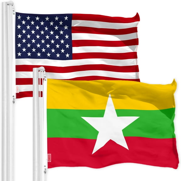 G128 Combo Pack: American USA Flag 3x5 Ft & Myanmar Flag 3x5 Ft, Both Printed 150D Polyester, Indoor/Outdoor, Brass Grommets