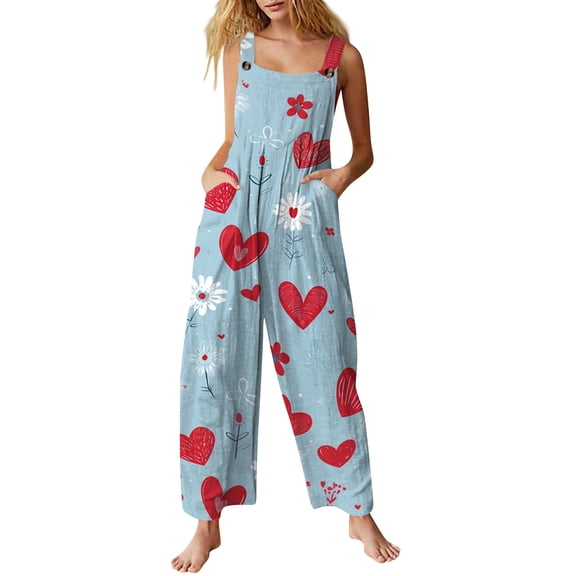 Fgvctg Womens Valentine's Day Jumpsuit Wide Leg Pant Festival Overall Love Heart Graphic Sleeveless Spaghetti Straps Jumpsuits Rompers Bib Overalls Plus Size Sprimg Pant With Pockets Sky Blue M