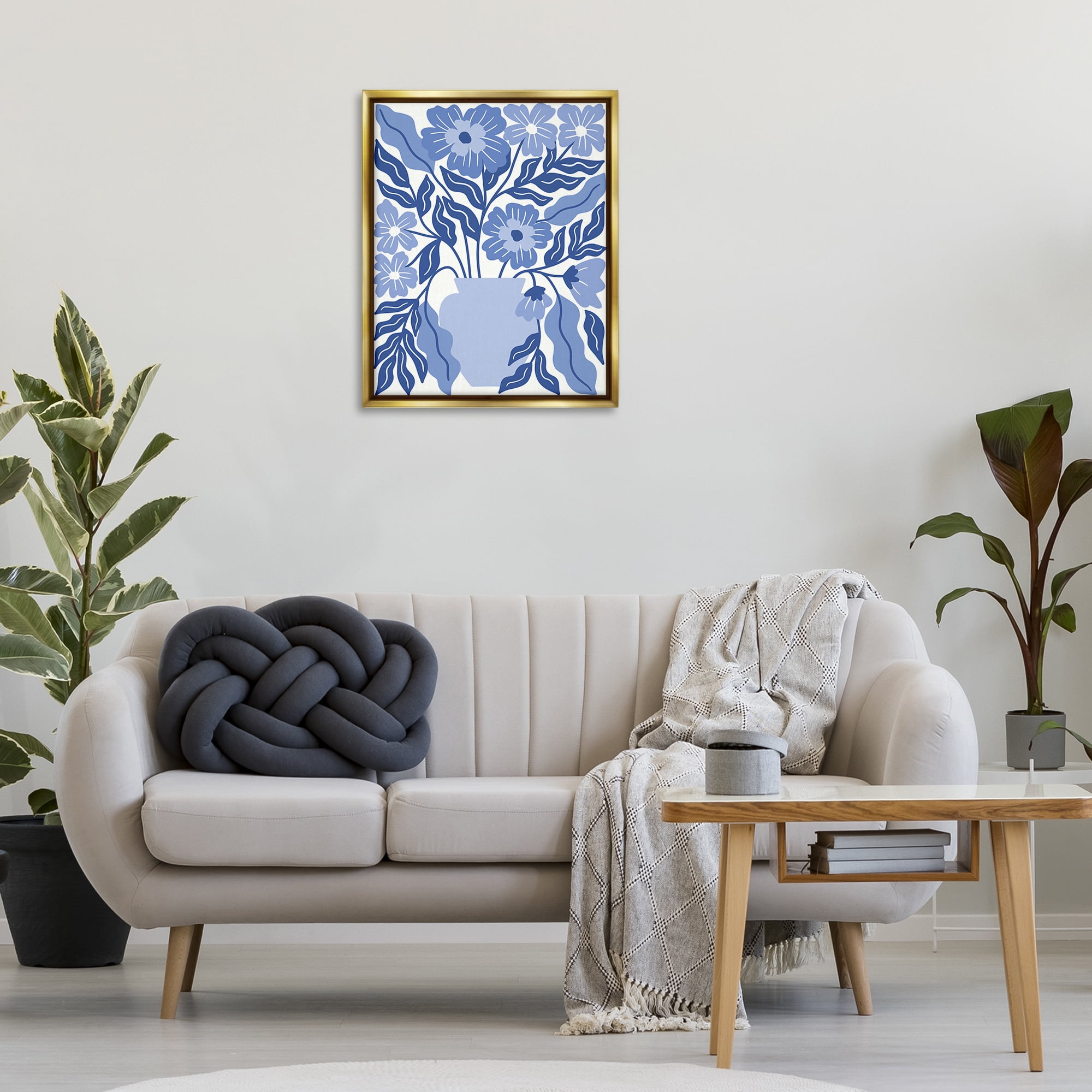 Stupell Industries Blue & White Flower Vase Plants & Flowers Painting Gold Floater Framed Canvas Art Print Wall Art, 25 x 31
