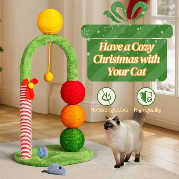 29in Christmas Cat Tree Tower with Sisal Balls - Holiday Cat Scratcher with Candy Cane Post & Dangling Toys for Indoor Cats