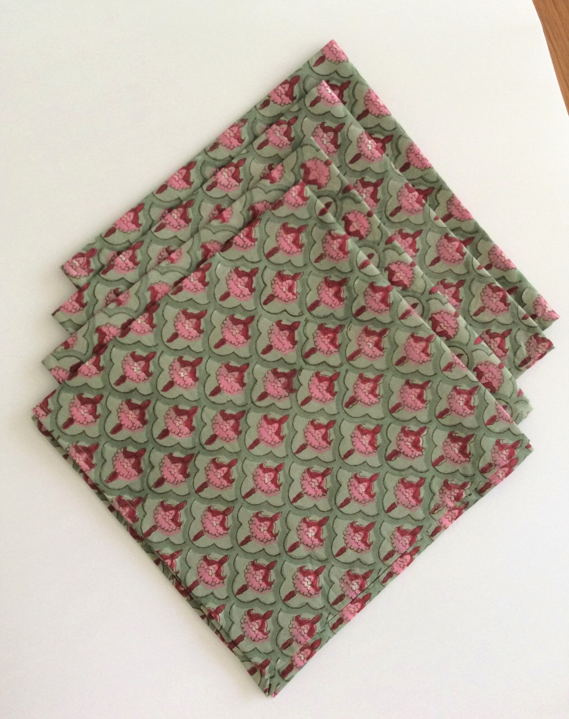 Light Moss and Army Green, Flamingo Pink Indian Hand Block Floral