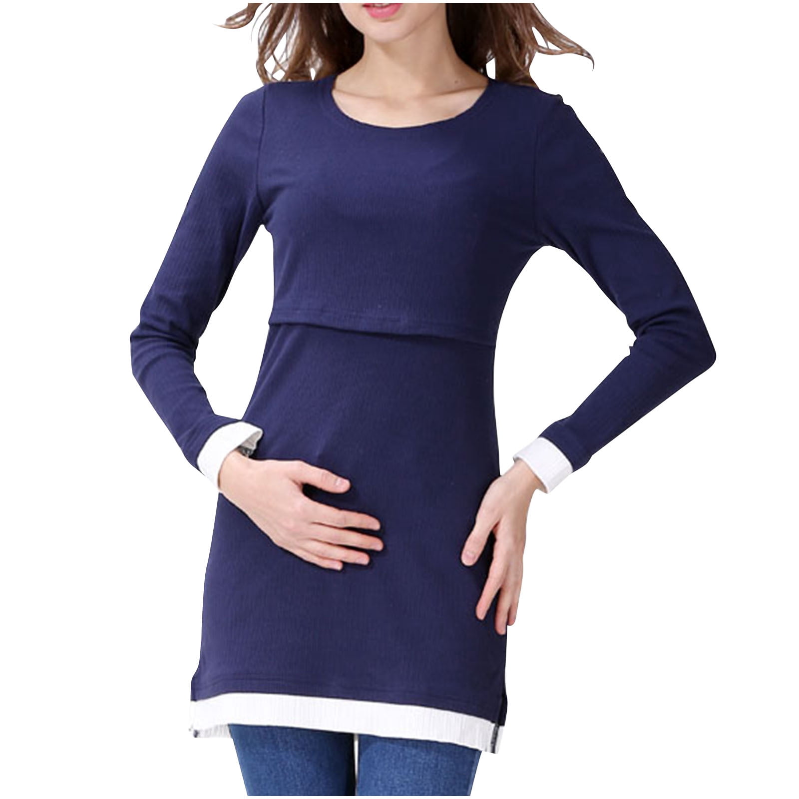 Dxzfnsa Womens Maternity Clothes Long Sleeve Maternity Tops Women Fashion Solid Color Long Sleeve Breastfeeding Blouses Round Neck Pregnancy Clothes