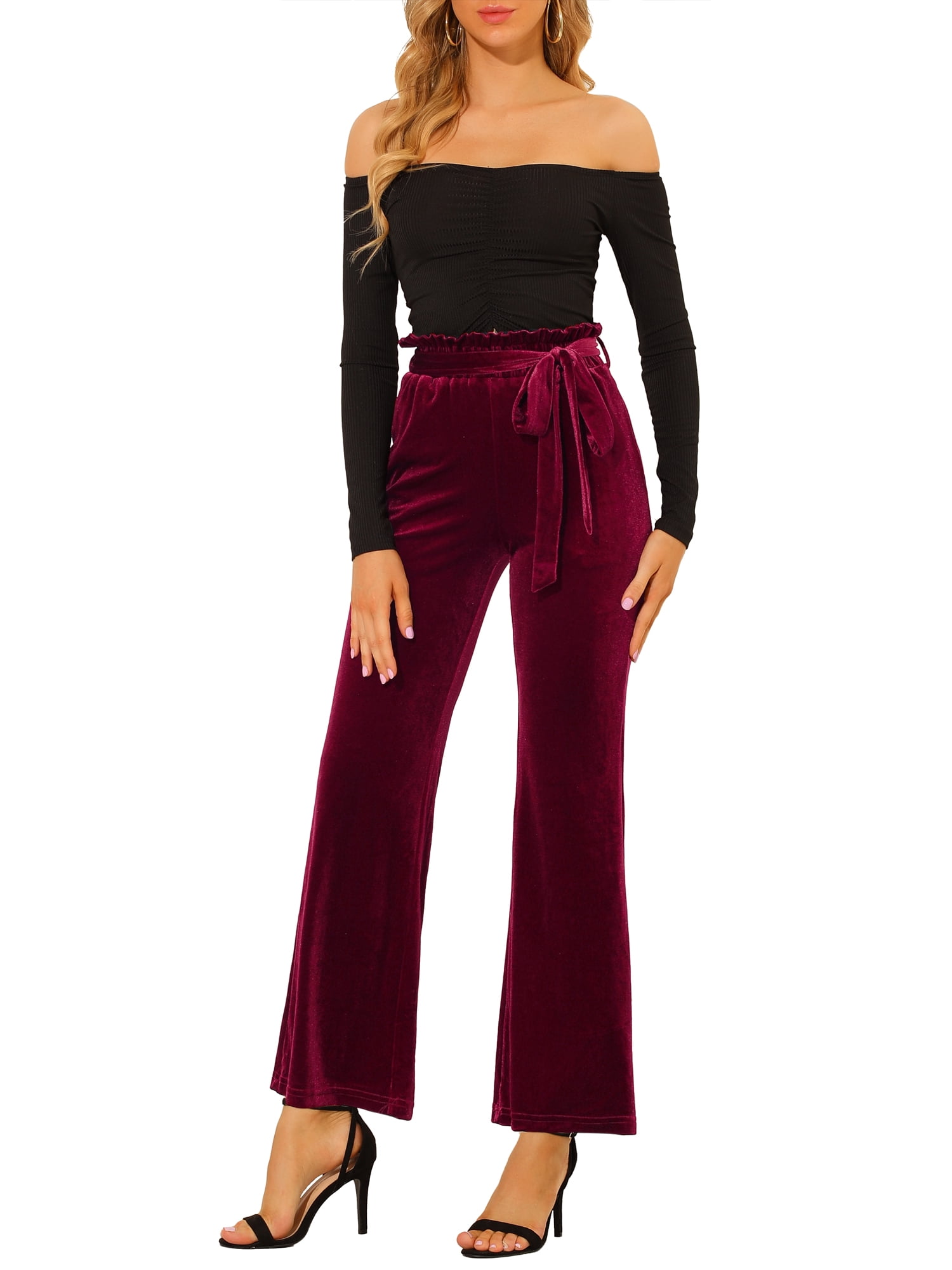 DARING DIVA Women's Velvet Tie Waist Wide Leg Stretchy Pants Trousers L Burgundy
