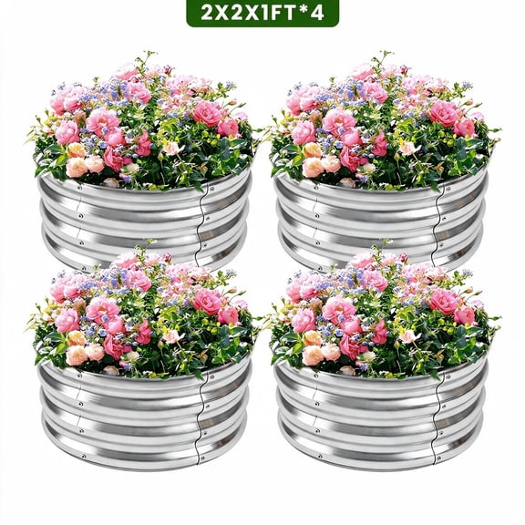 WELKA 4 Pack 2×2×1FT Round Galvanized Raised Garden Beds, Metal Raised Planter Boxes, Open Bottom Garden Bed for Vegetables, Flowers & Herbs