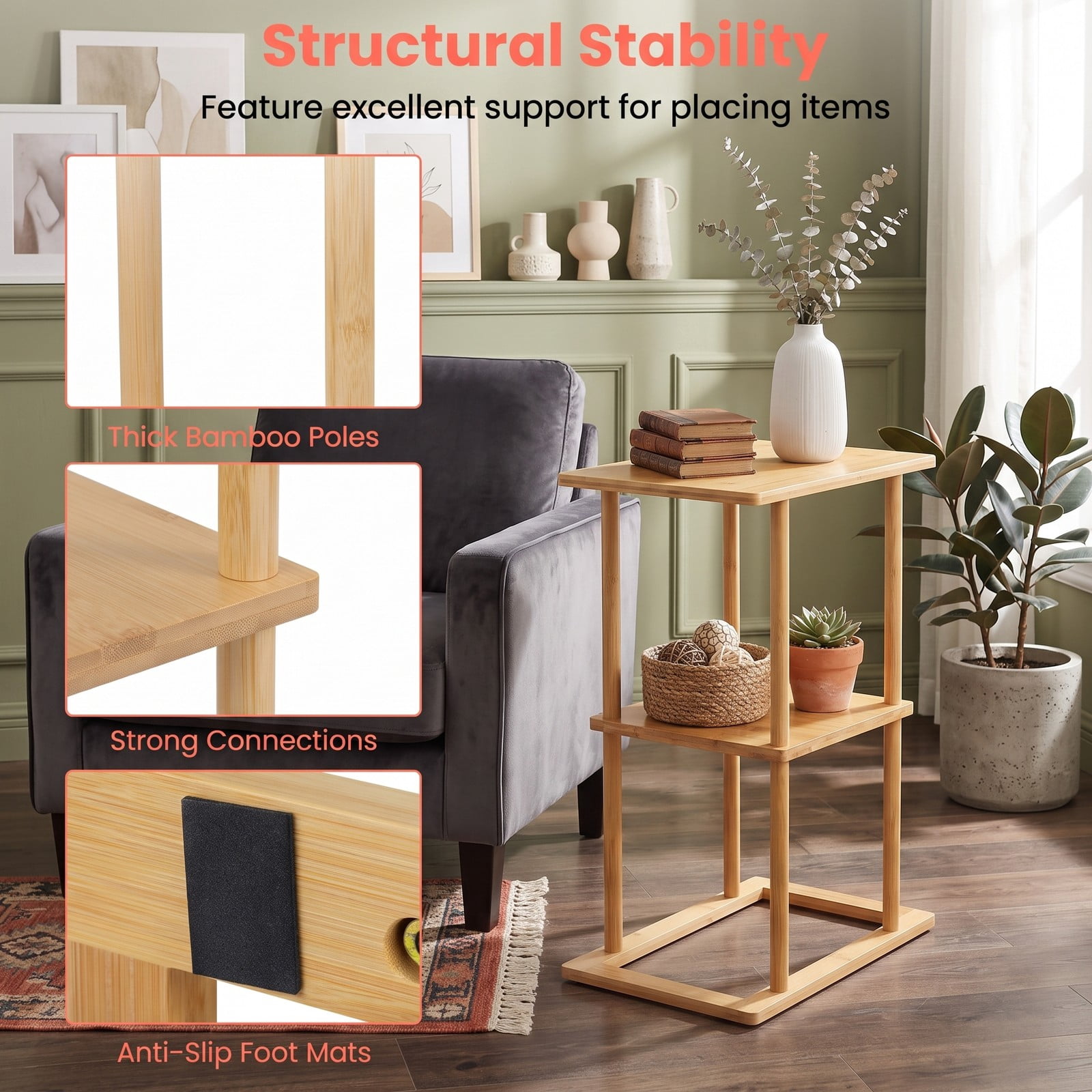 Furnibear 2-Piece Bamboo Side Table Set with Storage Shelves, 2-Tier End Table Nightstand for Living Room Bedroom Home Office, Rectangular Sofa Couch Accent, Natural