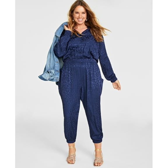 Plus Size Animal-Print Jacquard Jumpsuit Intrepid Blue 3X