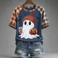 thumbnail image 4 of EANJE Halloween Shirts for Women Cute Ghost Shirt Fall Pumpkin T-Shirt Ghost Pumpkin Graphic Tees Casual Plaid Splice Short Sleeve Tops Blue L, 4 of 5