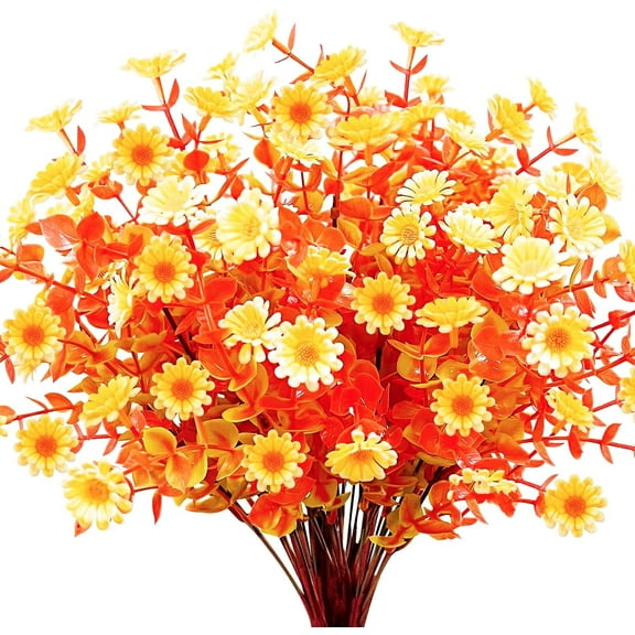 Morttic 6 Pack Artificial Fall Flowers Fake Eucalyptus Plant UV Resistant No Fade Faux Plastic Shrubs Home Garden Porch Patio Autumn Decoration (Fall Daisy)
