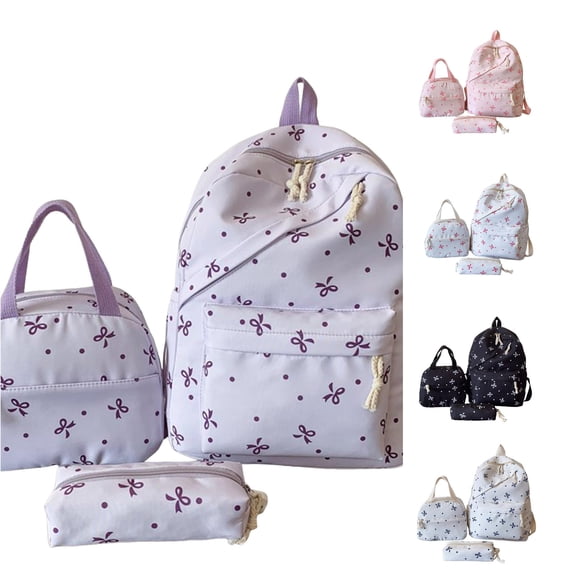 HNMKIU 3PCS Bow Backpack Cute Preppy Set For Girls With Lunchbox School Pencil Pouch Girly Daypack College Bookbag Small Makeup Bag ,Purple